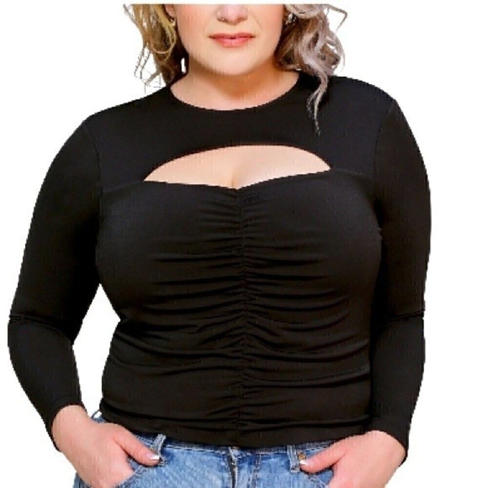 New JUST POLLY Trendy Plus Size Ruched bodice Woman Cutout Top shirt 1X,2X, 3X